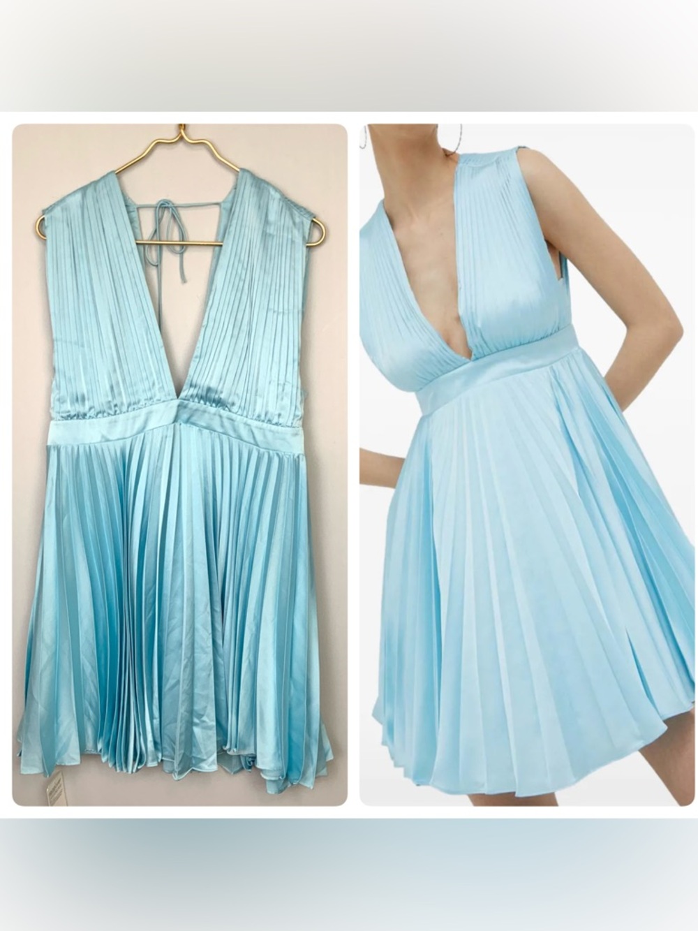 NWT Abercrombie & Fitch Sz Large Tall Sky Blue Plunge Pleated Satin Mini Dress